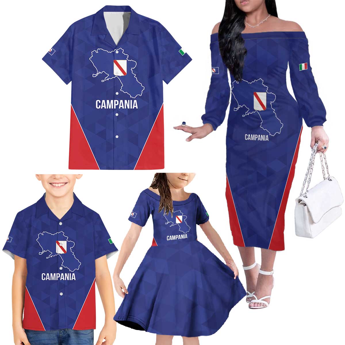 Personalized Italy Campania Family Matching Off The Shoulder Long Sleeve Dress and Hawaiian Shirt Inspiration Flags Style