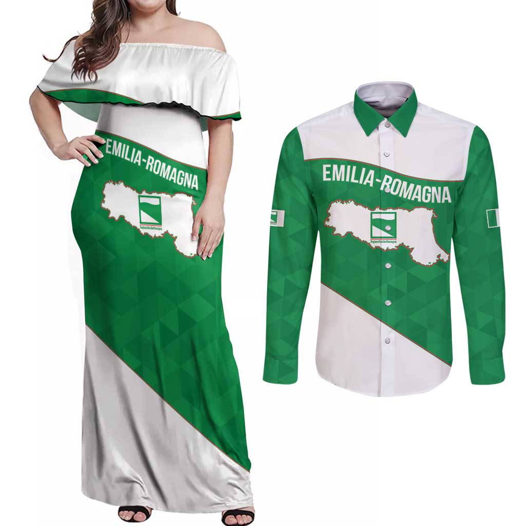 Personalized Italy Emilia-Romagna Couples Matching Off Shoulder Maxi Dress and Long Sleeve Button Shirt Inspiration Flags Style