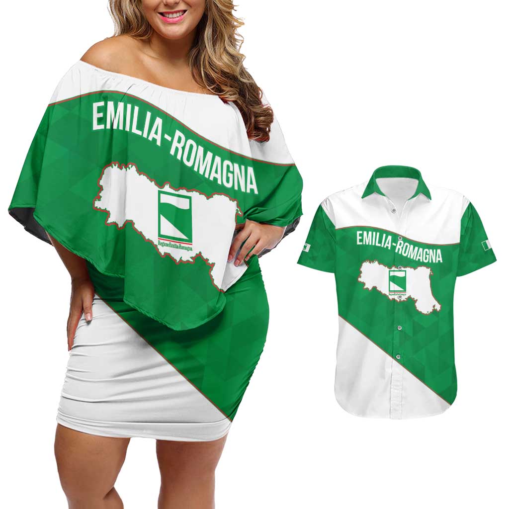 Personalized Italy Emilia-Romagna Couples Matching Off Shoulder Short Dress and Hawaiian Shirt Inspiration Flags Style