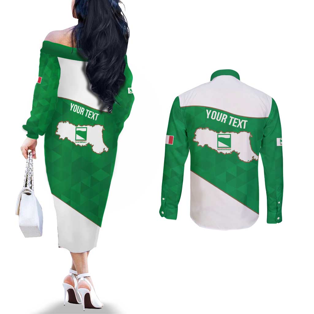 Personalized Italy Emilia-Romagna Couples Matching Off The Shoulder Long Sleeve Dress and Long Sleeve Button Shirt Inspiration Flags Style