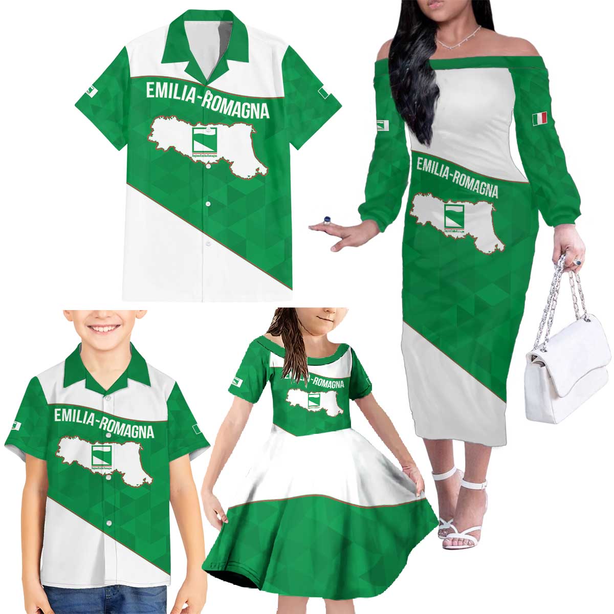 Personalized Italy Emilia-Romagna Family Matching Off The Shoulder Long Sleeve Dress and Hawaiian Shirt Inspiration Flags Style