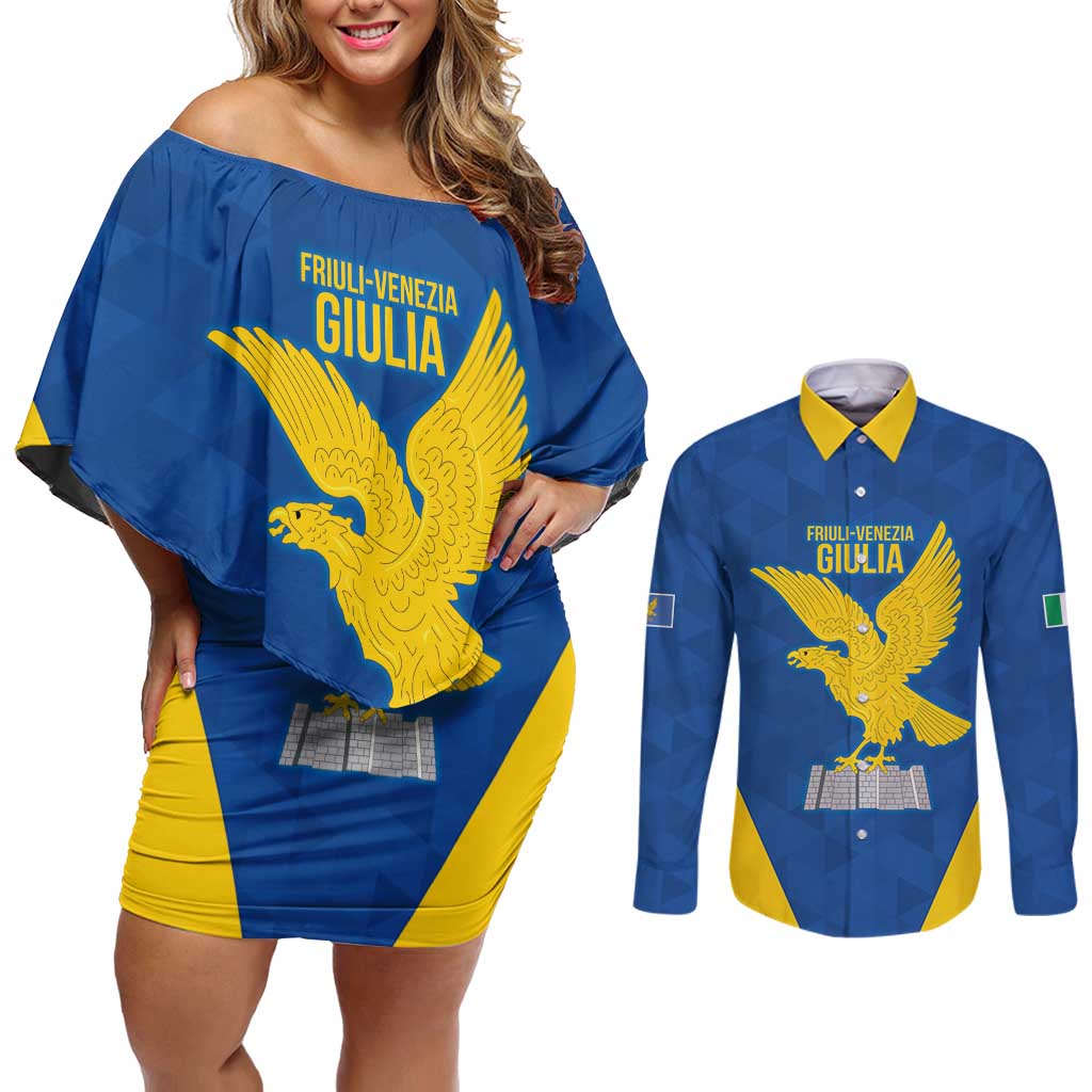 Personalized Italy Friuli-Venezia Giulia Couples Matching Off Shoulder Short Dress and Long Sleeve Button Shirt Inspiration Flags Style