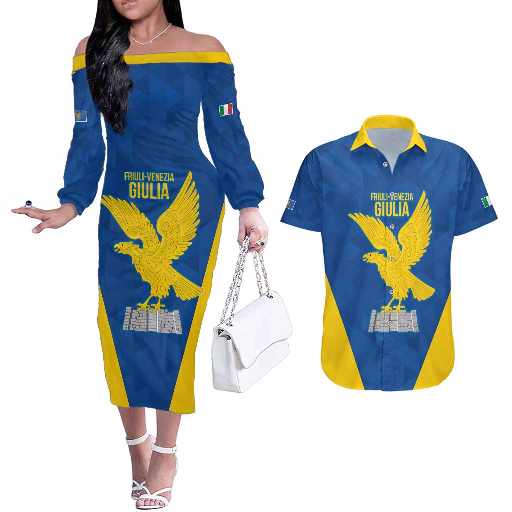 Personalized Italy Friuli-Venezia Giulia Couples Matching Off The Shoulder Long Sleeve Dress and Hawaiian Shirt Inspiration Flags Style