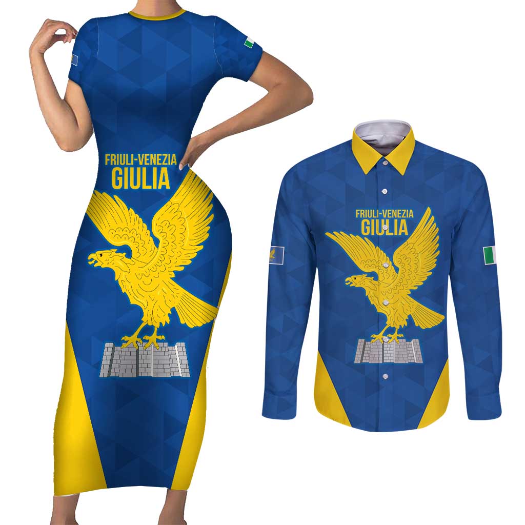 Personalized Italy Friuli-Venezia Giulia Couples Matching Short Sleeve Bodycon Dress and Long Sleeve Button Shirt Inspiration Flags Style