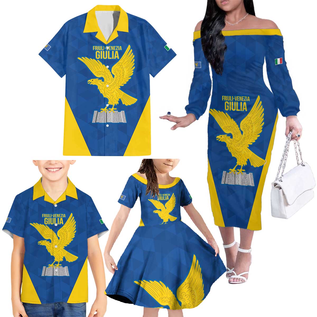 Personalized Italy Friuli-Venezia Giulia Family Matching Off The Shoulder Long Sleeve Dress and Hawaiian Shirt Inspiration Flags Style
