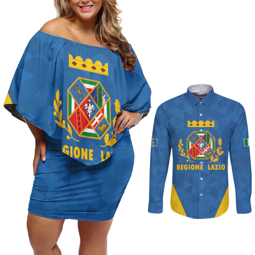 Personalized Italy Lazio Couples Matching Off Shoulder Short Dress and Long Sleeve Button Shirt Inspiration Flags Style