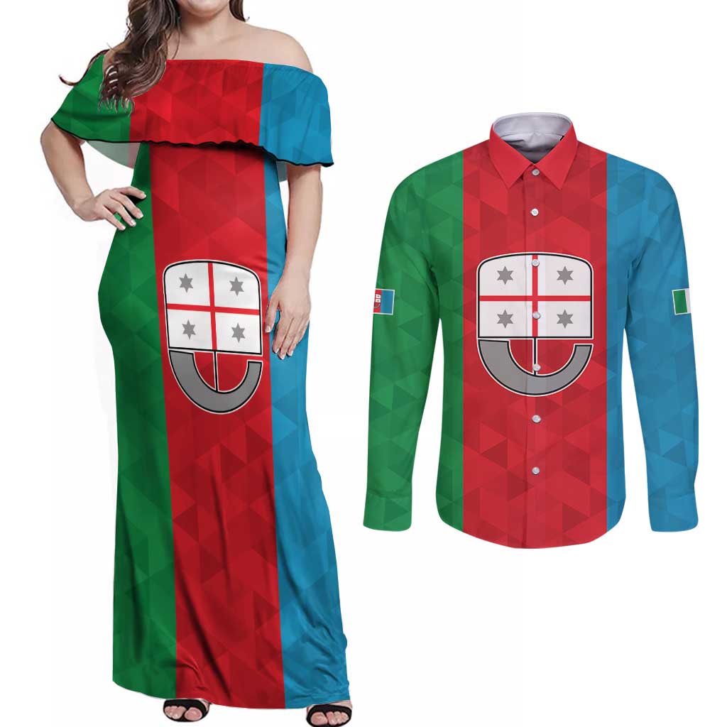 Personalized Italy Liguria Couples Matching Off Shoulder Maxi Dress and Long Sleeve Button Shirt Inspiration Flags Style