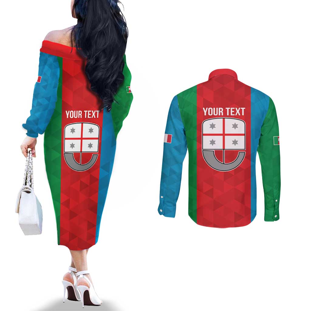 Personalized Italy Liguria Couples Matching Off The Shoulder Long Sleeve Dress and Long Sleeve Button Shirt Inspiration Flags Style