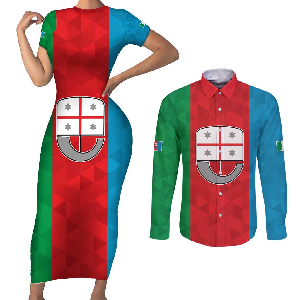 Personalized Italy Liguria Couples Matching Short Sleeve Bodycon Dress and Long Sleeve Button Shirt Inspiration Flags Style