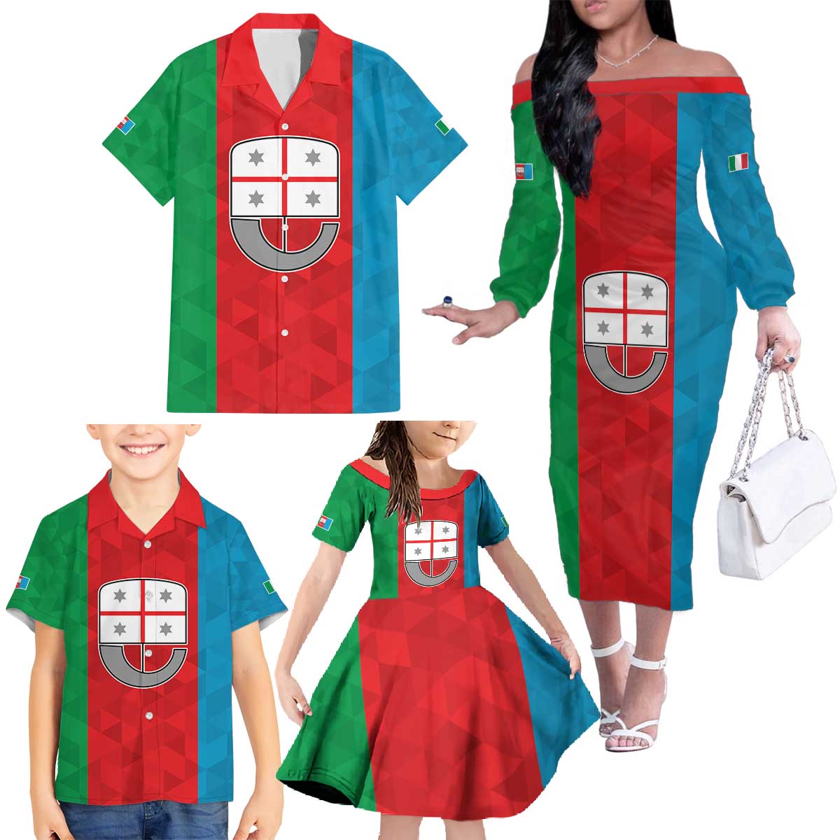 Personalized Italy Liguria Family Matching Off The Shoulder Long Sleeve Dress and Hawaiian Shirt Inspiration Flags Style