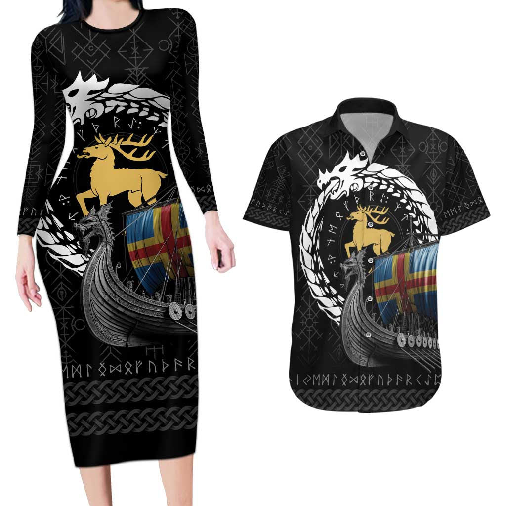 Aland Viking Drakkar Couples Matching Long Sleeve Bodycon Dress and Hawaiian Shirt Viking Blood - Wonder Print Shop