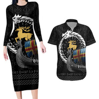 Aland Viking Drakkar Couples Matching Long Sleeve Bodycon Dress and Hawaiian Shirt Viking Blood - Wonder Print Shop