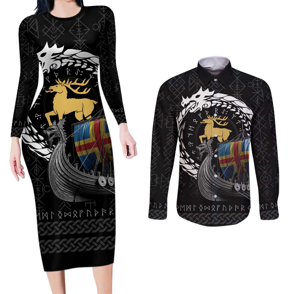 Aland Viking Drakkar Couples Matching Long Sleeve Bodycon Dress and Long Sleeve Button Shirt Viking Blood - Wonder Print Shop
