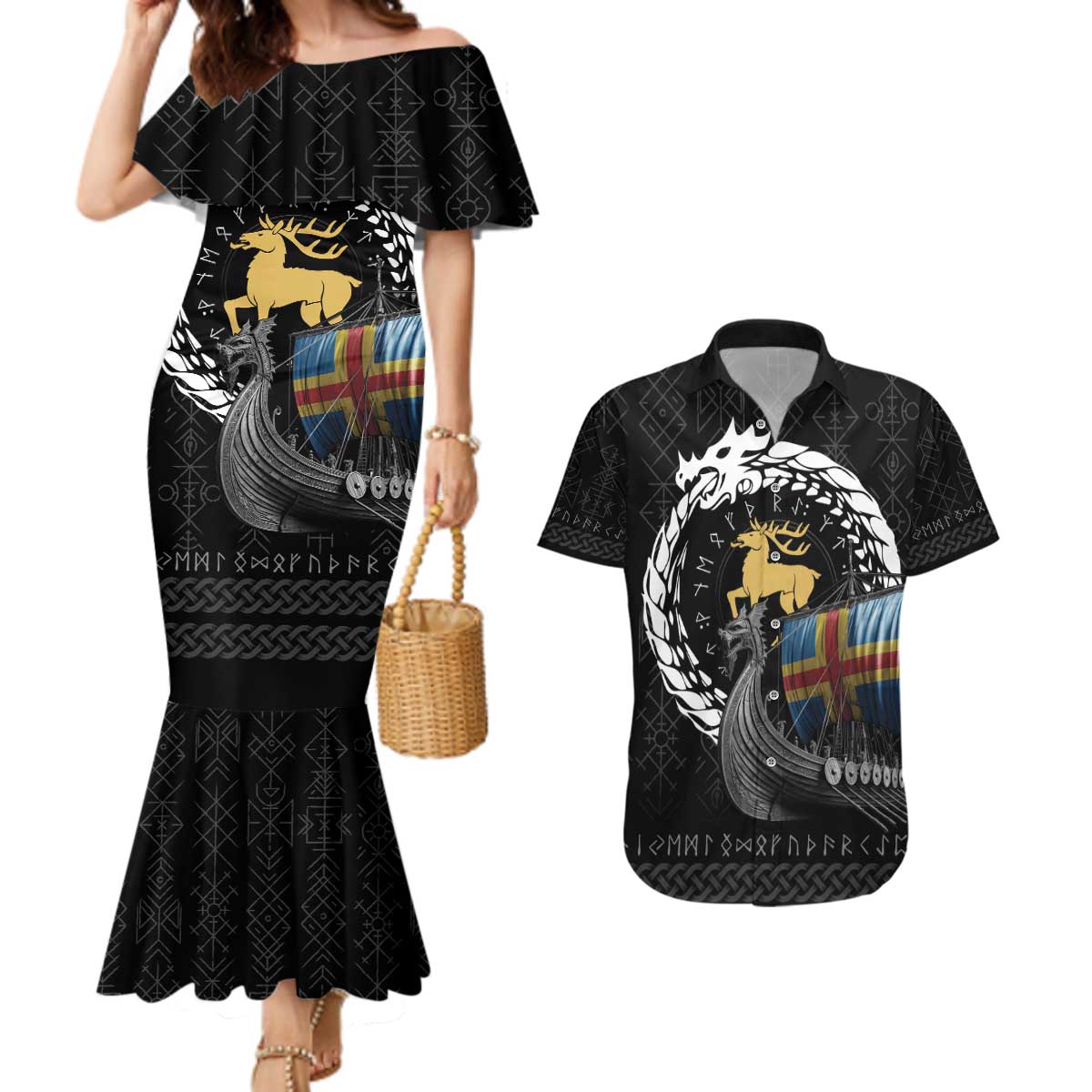 Aland Viking Drakkar Couples Matching Mermaid Dress and Hawaiian Shirt Viking Blood - Wonder Print Shop
