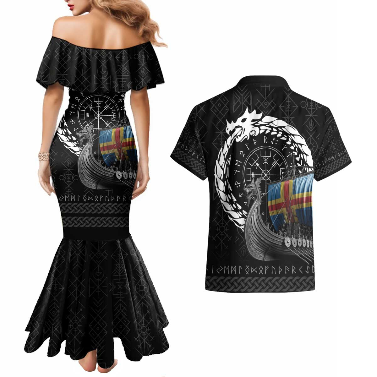 Aland Viking Drakkar Couples Matching Mermaid Dress and Hawaiian Shirt Viking Blood - Wonder Print Shop