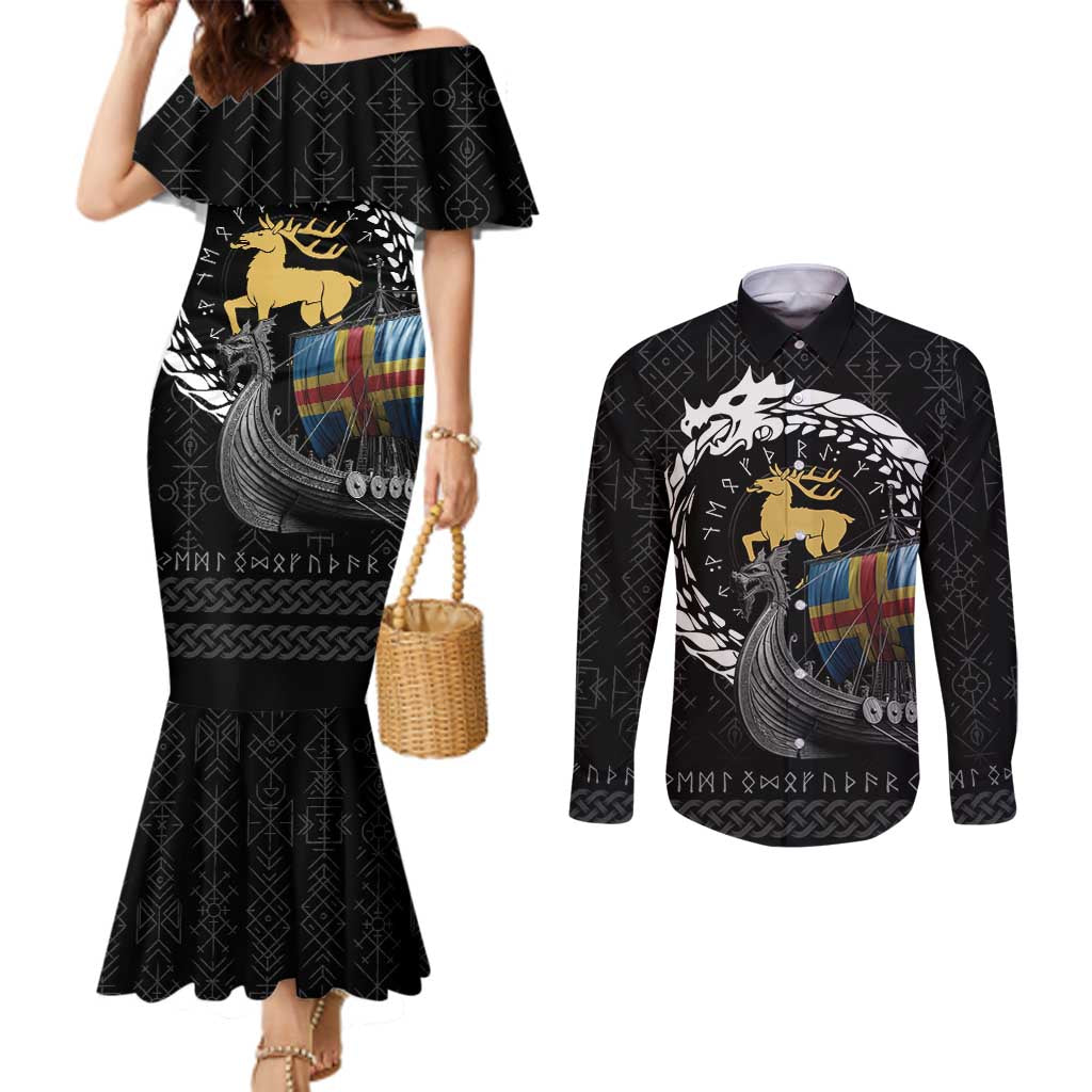 Aland Viking Drakkar Couples Matching Mermaid Dress and Long Sleeve Button Shirt Viking Blood - Wonder Print Shop