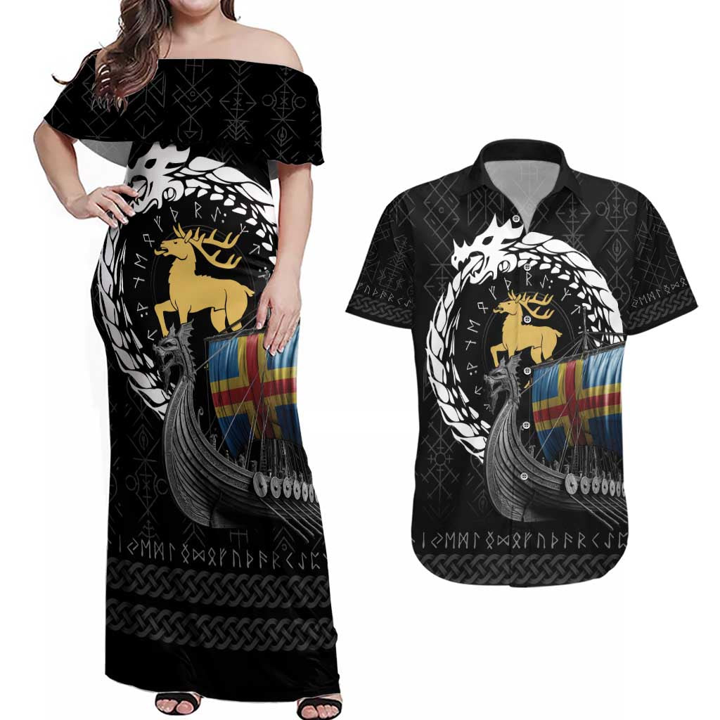 Aland Viking Drakkar Couples Matching Off Shoulder Maxi Dress and Hawaiian Shirt Viking Blood - Wonder Print Shop