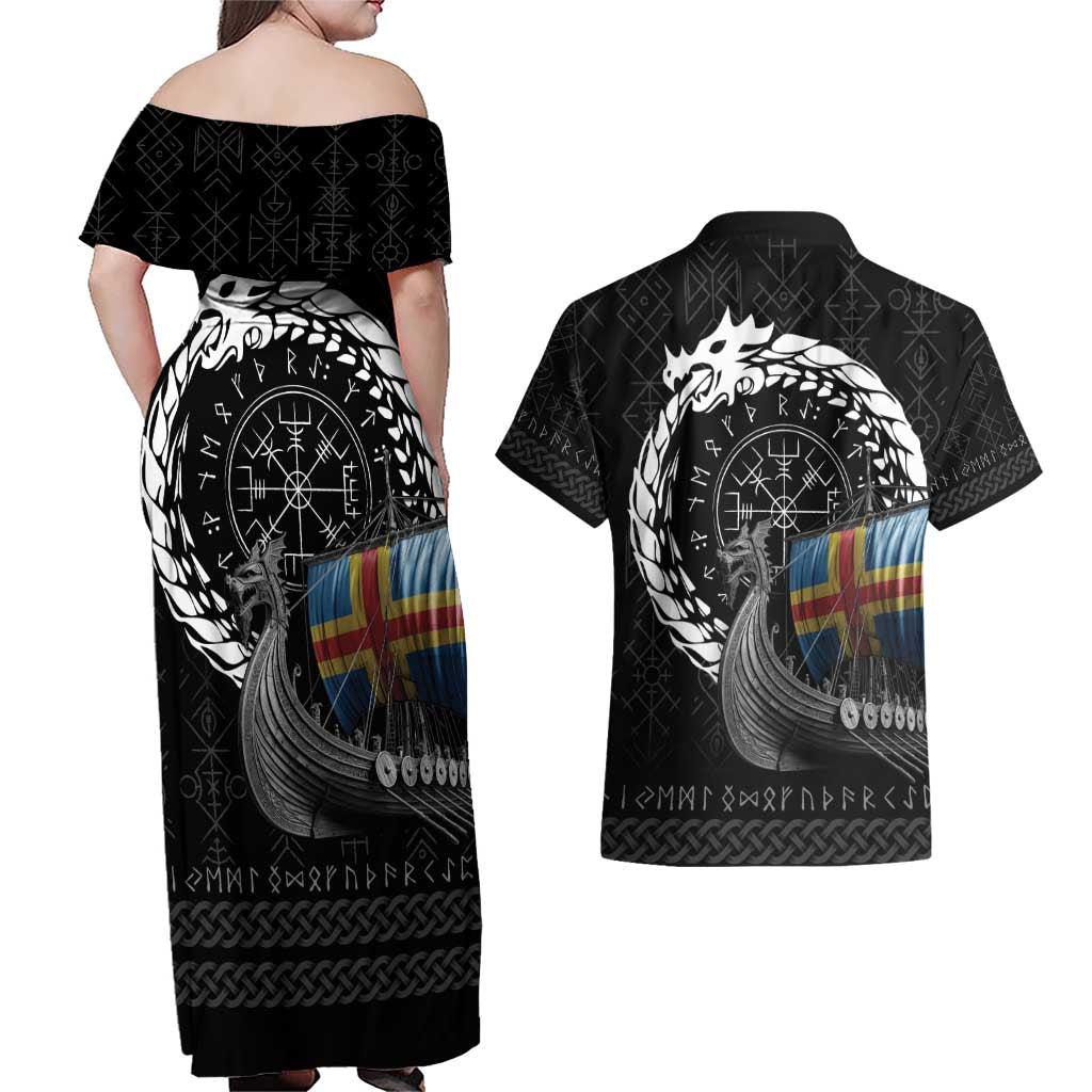Aland Viking Drakkar Couples Matching Off Shoulder Maxi Dress and Hawaiian Shirt Viking Blood - Wonder Print Shop