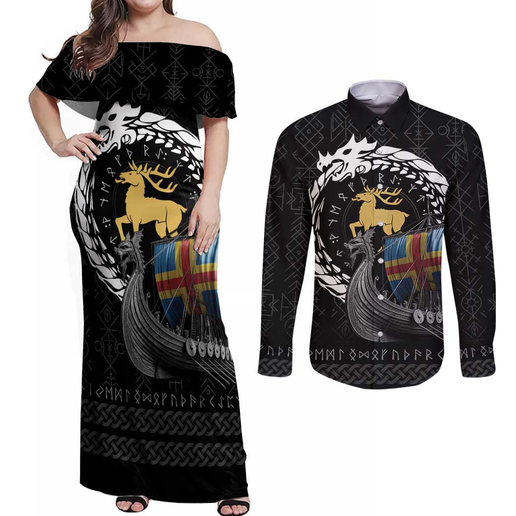 Aland Viking Drakkar Couples Matching Off Shoulder Maxi Dress and Long Sleeve Button Shirt Viking Blood - Wonder Print Shop