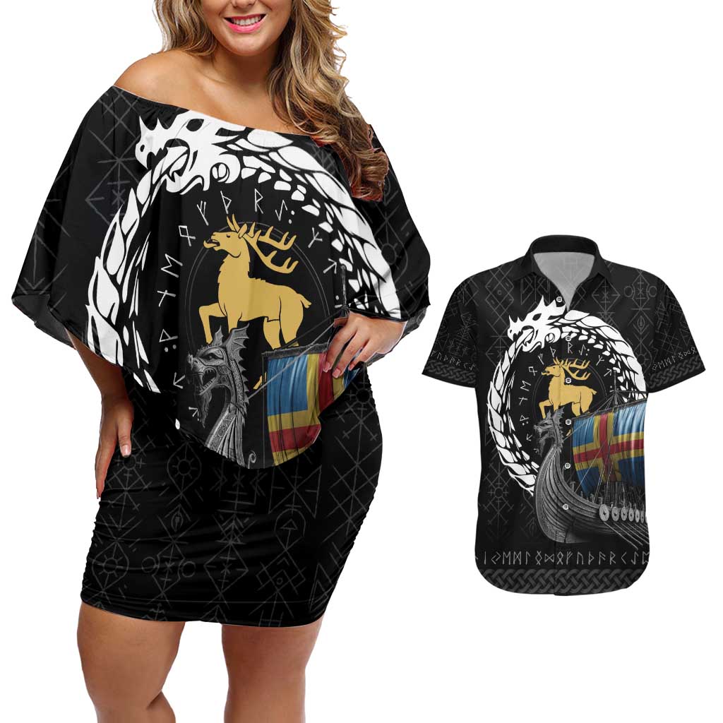 Aland Viking Drakkar Couples Matching Off Shoulder Short Dress and Hawaiian Shirt Viking Blood - Wonder Print Shop