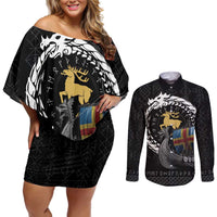 Aland Viking Drakkar Couples Matching Off Shoulder Short Dress and Long Sleeve Button Shirt Viking Blood - Wonder Print Shop