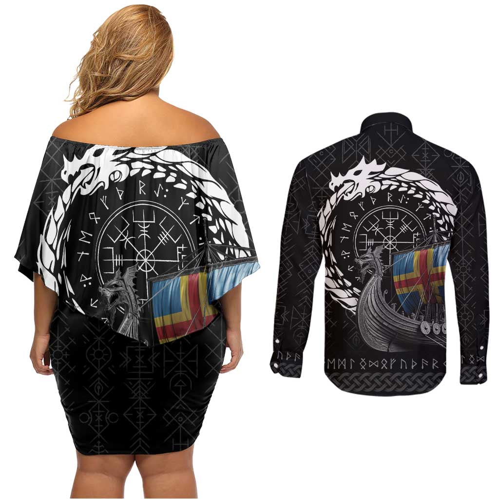 Aland Viking Drakkar Couples Matching Off Shoulder Short Dress and Long Sleeve Button Shirt Viking Blood - Wonder Print Shop