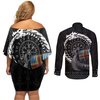 Aland Viking Drakkar Couples Matching Off Shoulder Short Dress and Long Sleeve Button Shirt Viking Blood - Wonder Print Shop