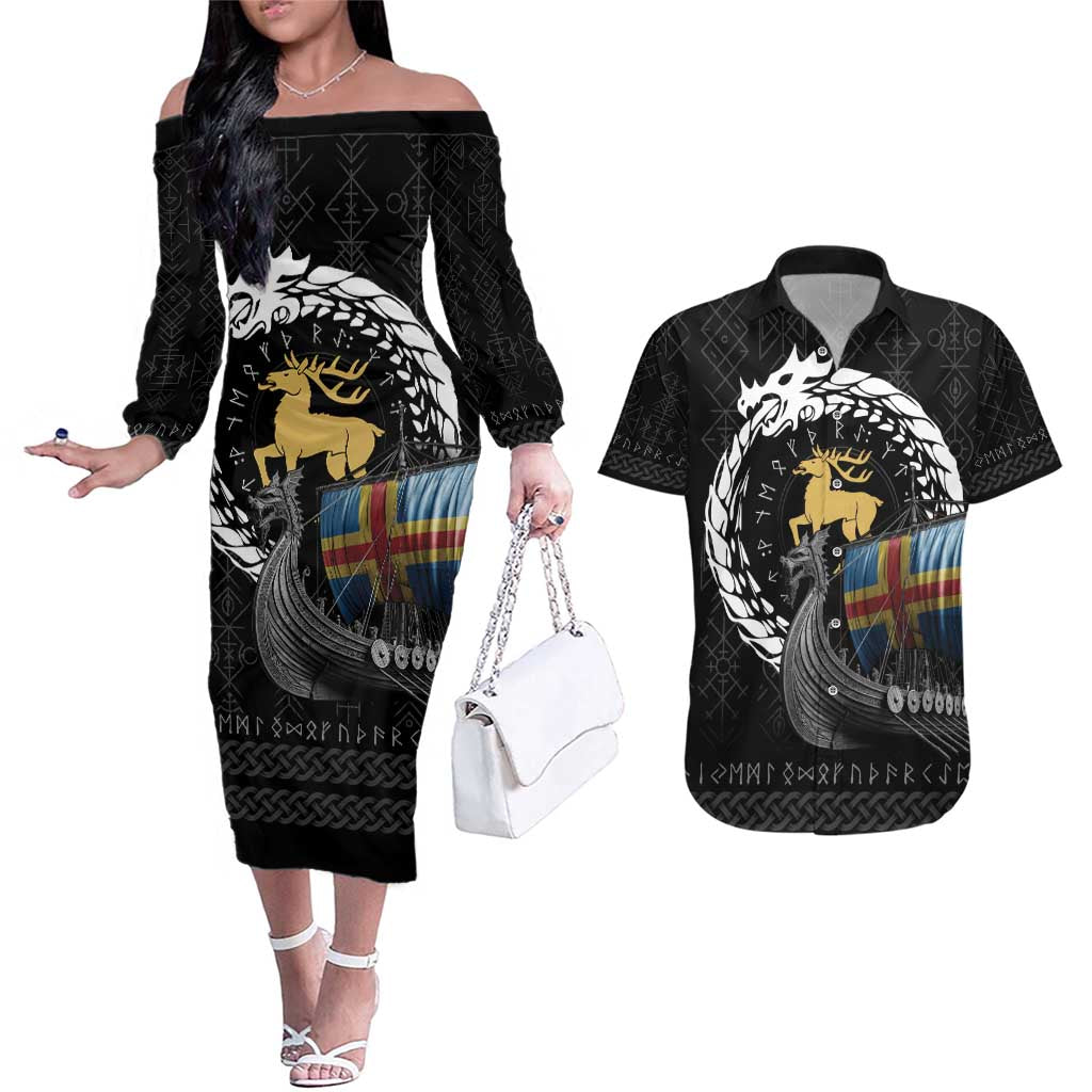 Aland Viking Drakkar Couples Matching Off The Shoulder Long Sleeve Dress and Hawaiian Shirt Viking Blood - Wonder Print Shop