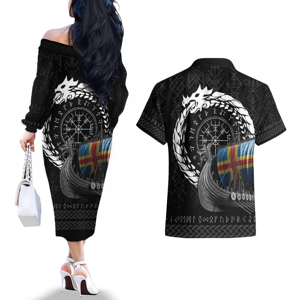 Aland Viking Drakkar Couples Matching Off The Shoulder Long Sleeve Dress and Hawaiian Shirt Viking Blood - Wonder Print Shop