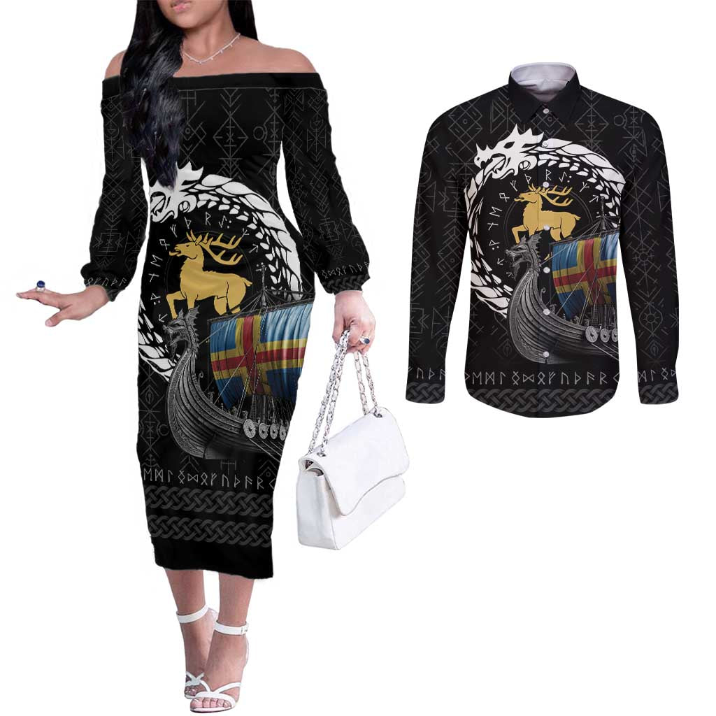 Aland Viking Drakkar Couples Matching Off The Shoulder Long Sleeve Dress and Long Sleeve Button Shirt Viking Blood - Wonder Print Shop