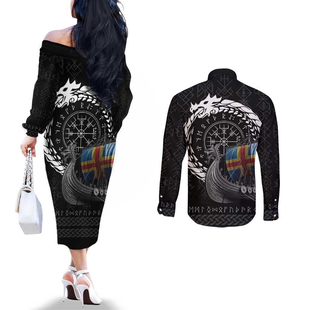 Aland Viking Drakkar Couples Matching Off The Shoulder Long Sleeve Dress and Long Sleeve Button Shirt Viking Blood - Wonder Print Shop