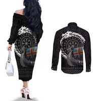 Aland Viking Drakkar Couples Matching Off The Shoulder Long Sleeve Dress and Long Sleeve Button Shirt Viking Blood - Wonder Print Shop