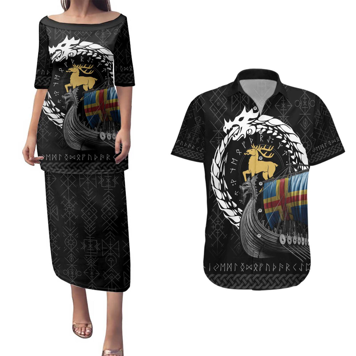 Aland Viking Drakkar Couples Matching Puletasi and Hawaiian Shirt Viking Blood - Wonder Print Shop