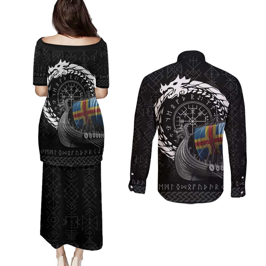Aland Viking Drakkar Couples Matching Puletasi and Long Sleeve Button Shirt Viking Blood - Wonder Print Shop