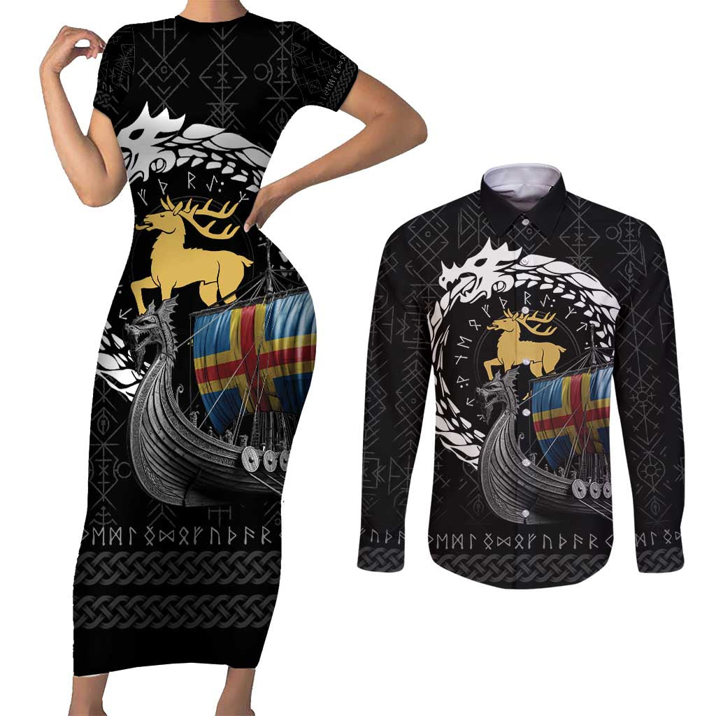Aland Viking Drakkar Couples Matching Short Sleeve Bodycon Dress and Long Sleeve Button Shirt Viking Blood - Wonder Print Shop