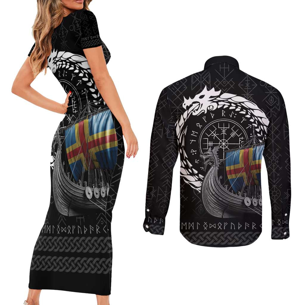 Aland Viking Drakkar Couples Matching Short Sleeve Bodycon Dress and Long Sleeve Button Shirt Viking Blood - Wonder Print Shop