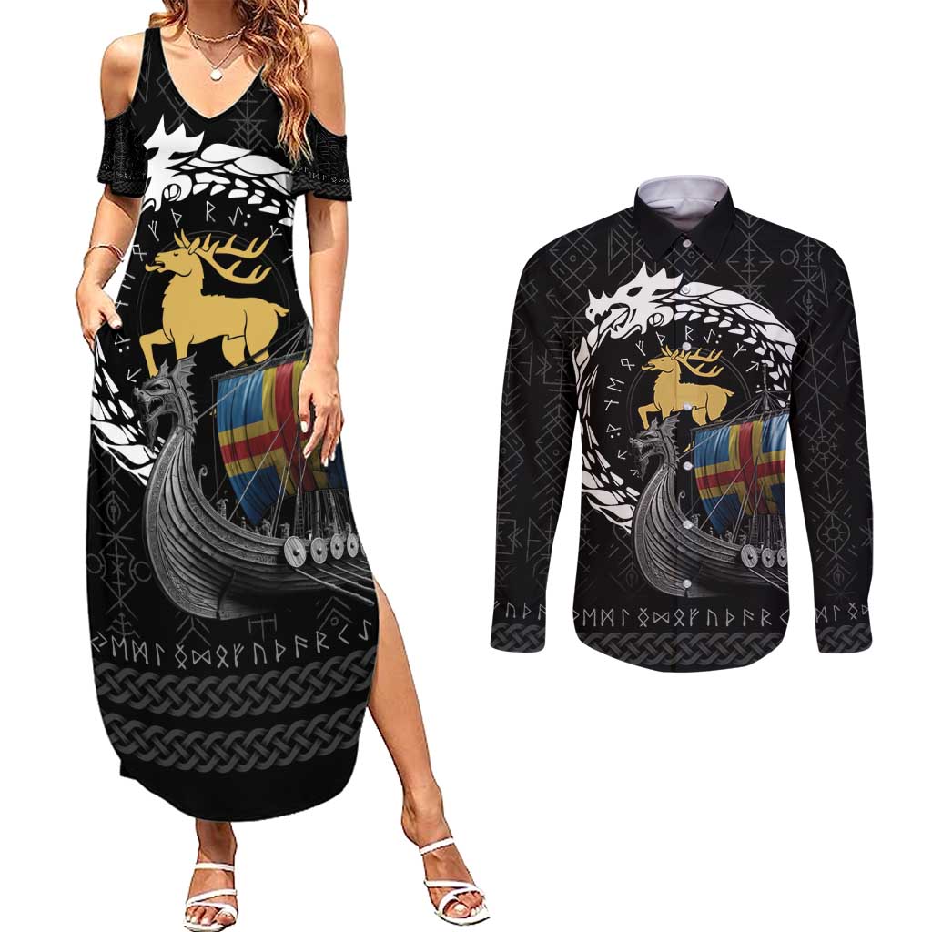 Aland Viking Drakkar Couples Matching Summer Maxi Dress and Long Sleeve Button Shirt Viking Blood - Wonder Print Shop