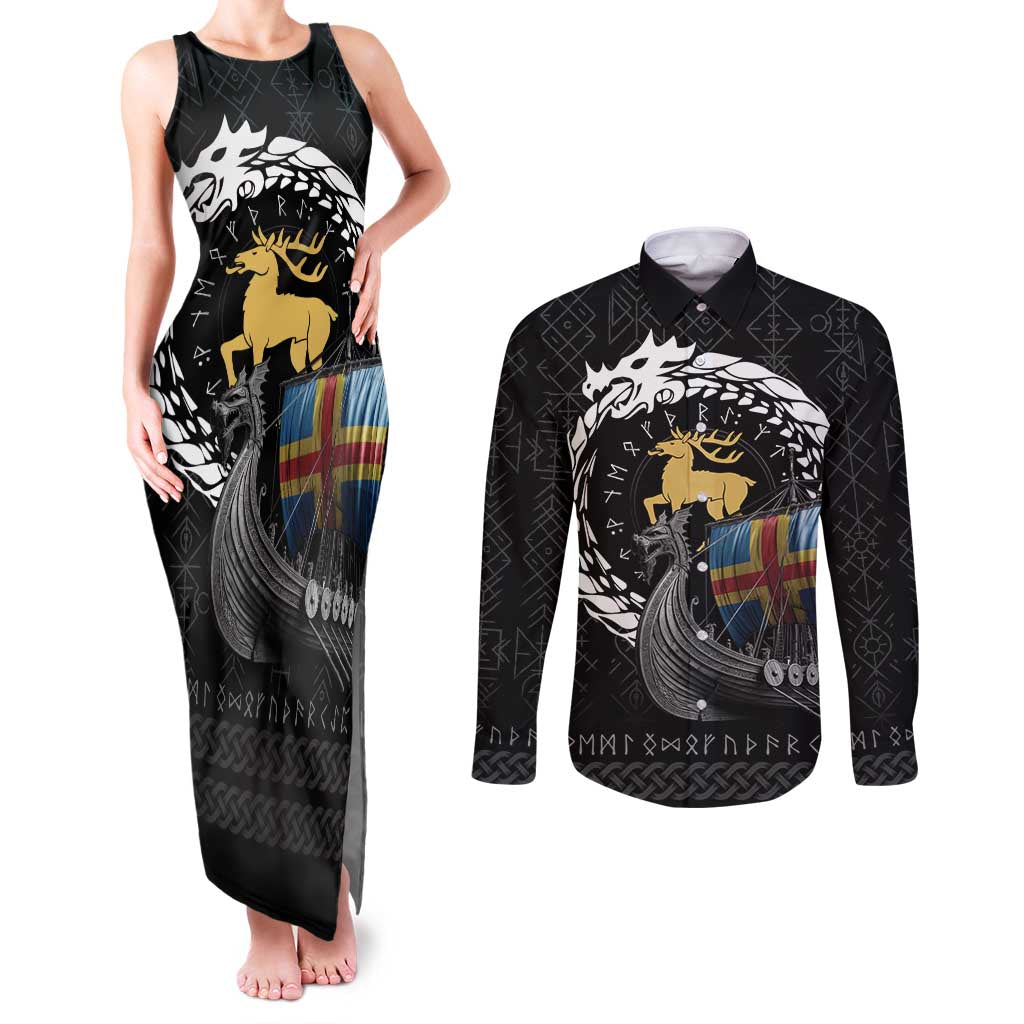 Aland Viking Drakkar Couples Matching Tank Maxi Dress and Long Sleeve Button Shirt Viking Blood - Wonder Print Shop