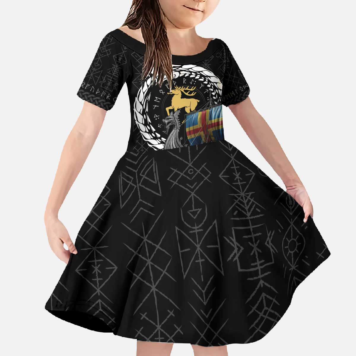 Aland Viking Drakkar Family Matching Off The Shoulder Long Sleeve Dress and Hawaiian Shirt Viking Blood - Wonder Print Shop