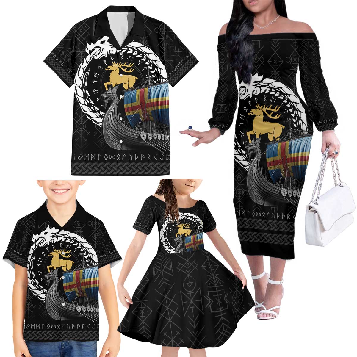 Aland Viking Drakkar Family Matching Off The Shoulder Long Sleeve Dress and Hawaiian Shirt Viking Blood - Wonder Print Shop