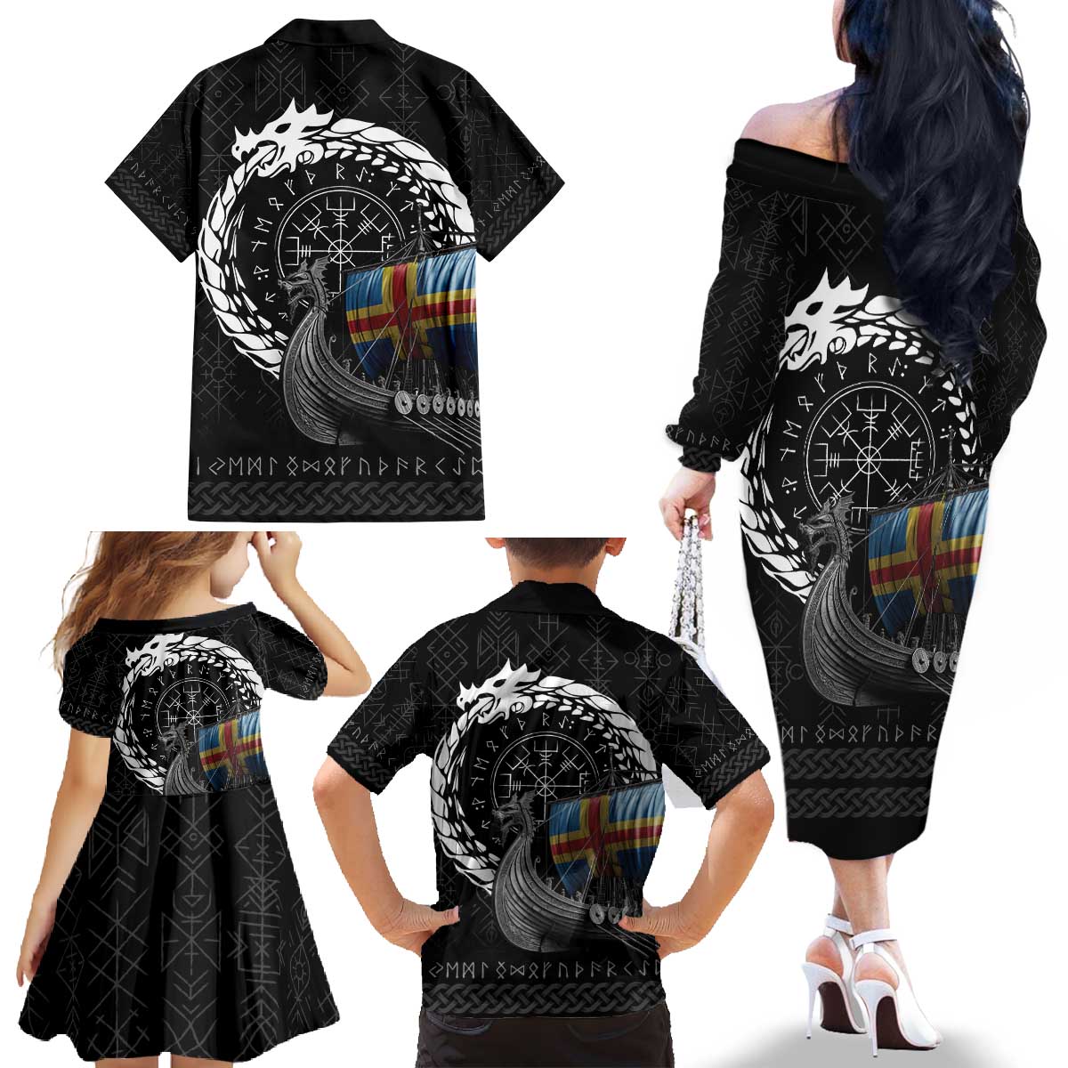 Aland Viking Drakkar Family Matching Off The Shoulder Long Sleeve Dress and Hawaiian Shirt Viking Blood - Wonder Print Shop