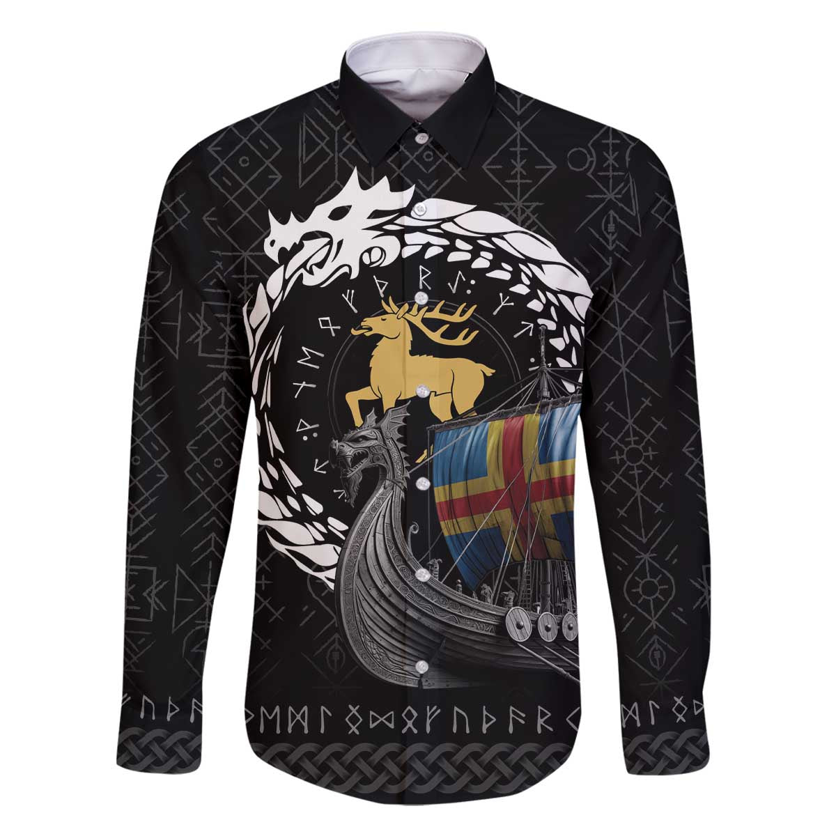 Aland Viking Drakkar Family Matching Off The Shoulder Long Sleeve Dress and Hawaiian Shirt Viking Blood - Wonder Print Shop