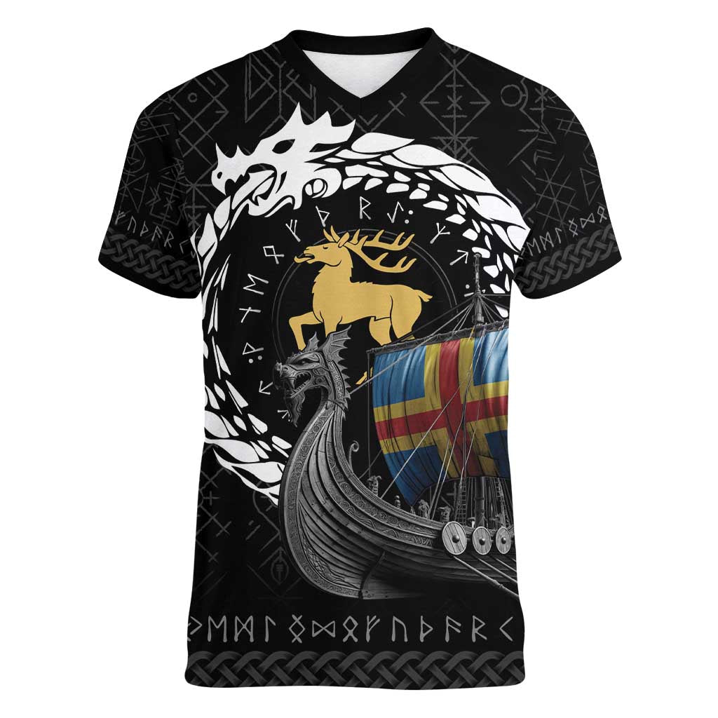 Aland Viking Drakkar Women V-Neck T-Shirt Viking Blood - Wonder Print Shop