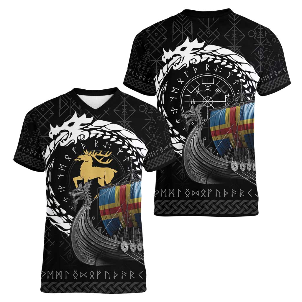 Aland Viking Drakkar Women V-Neck T-Shirt Viking Blood - Wonder Print Shop