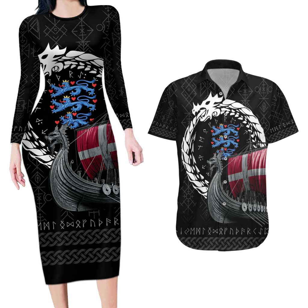 Denmark Viking Drakkar Couples Matching Long Sleeve Bodycon Dress and Hawaiian Shirt Viking Blood - Wonder Print Shop