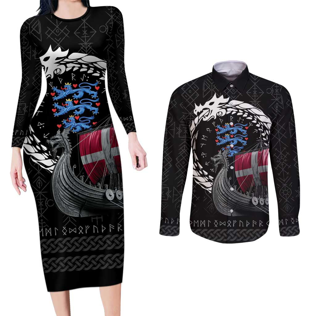 Denmark Viking Drakkar Couples Matching Long Sleeve Bodycon Dress and Long Sleeve Button Shirt Viking Blood - Wonder Print Shop