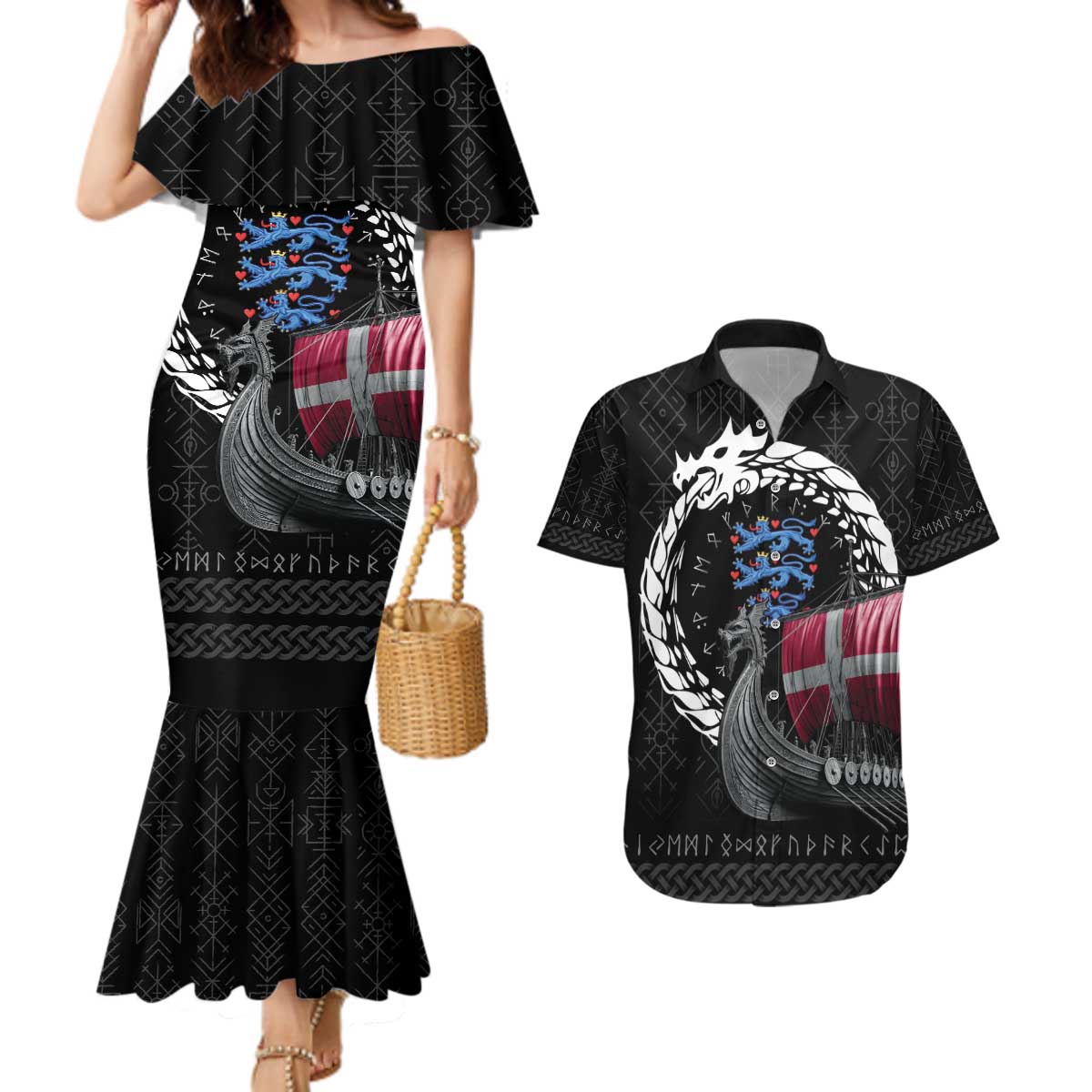 Denmark Viking Drakkar Couples Matching Mermaid Dress and Hawaiian Shirt Viking Blood - Wonder Print Shop