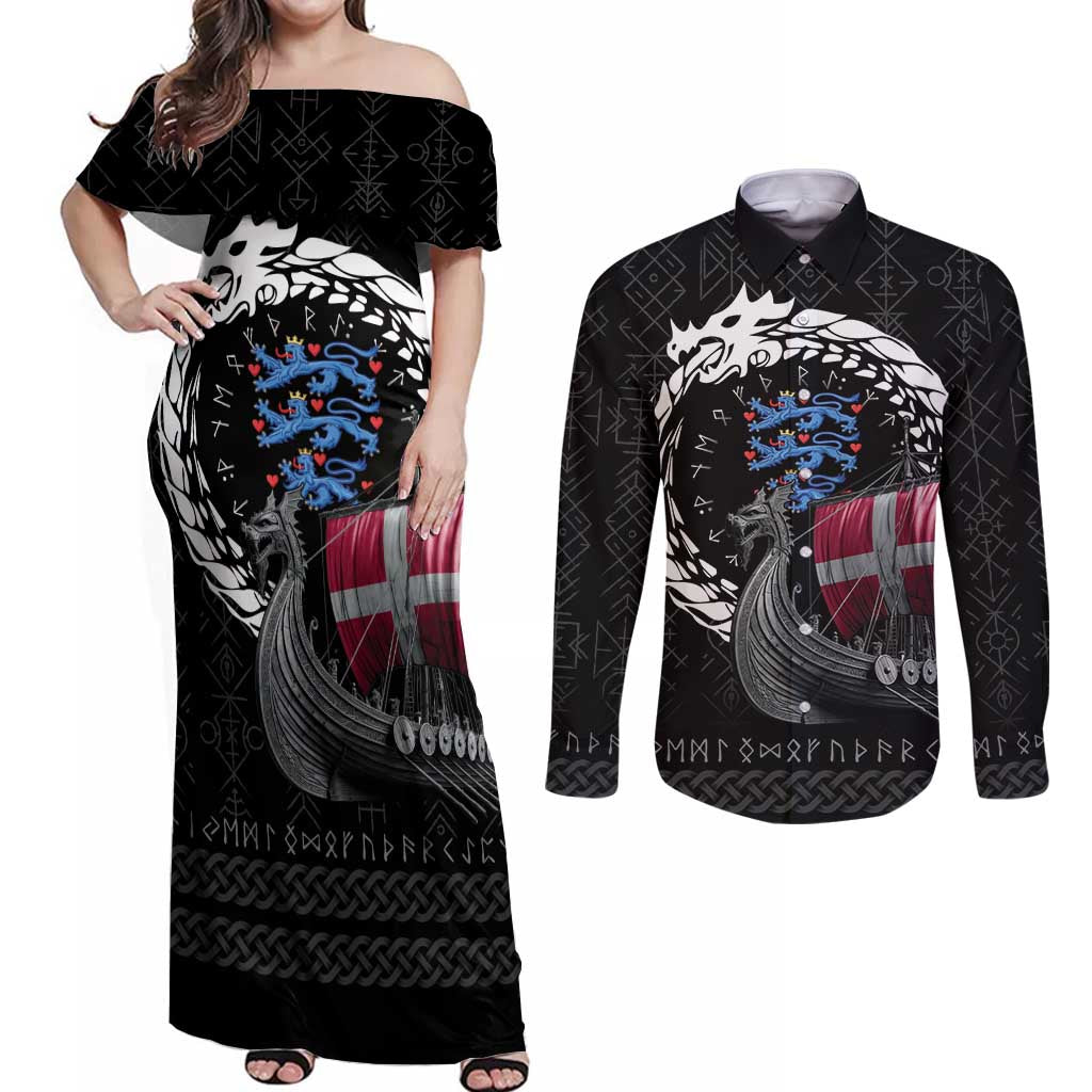 Denmark Viking Drakkar Couples Matching Off Shoulder Maxi Dress and Long Sleeve Button Shirt Viking Blood - Wonder Print Shop