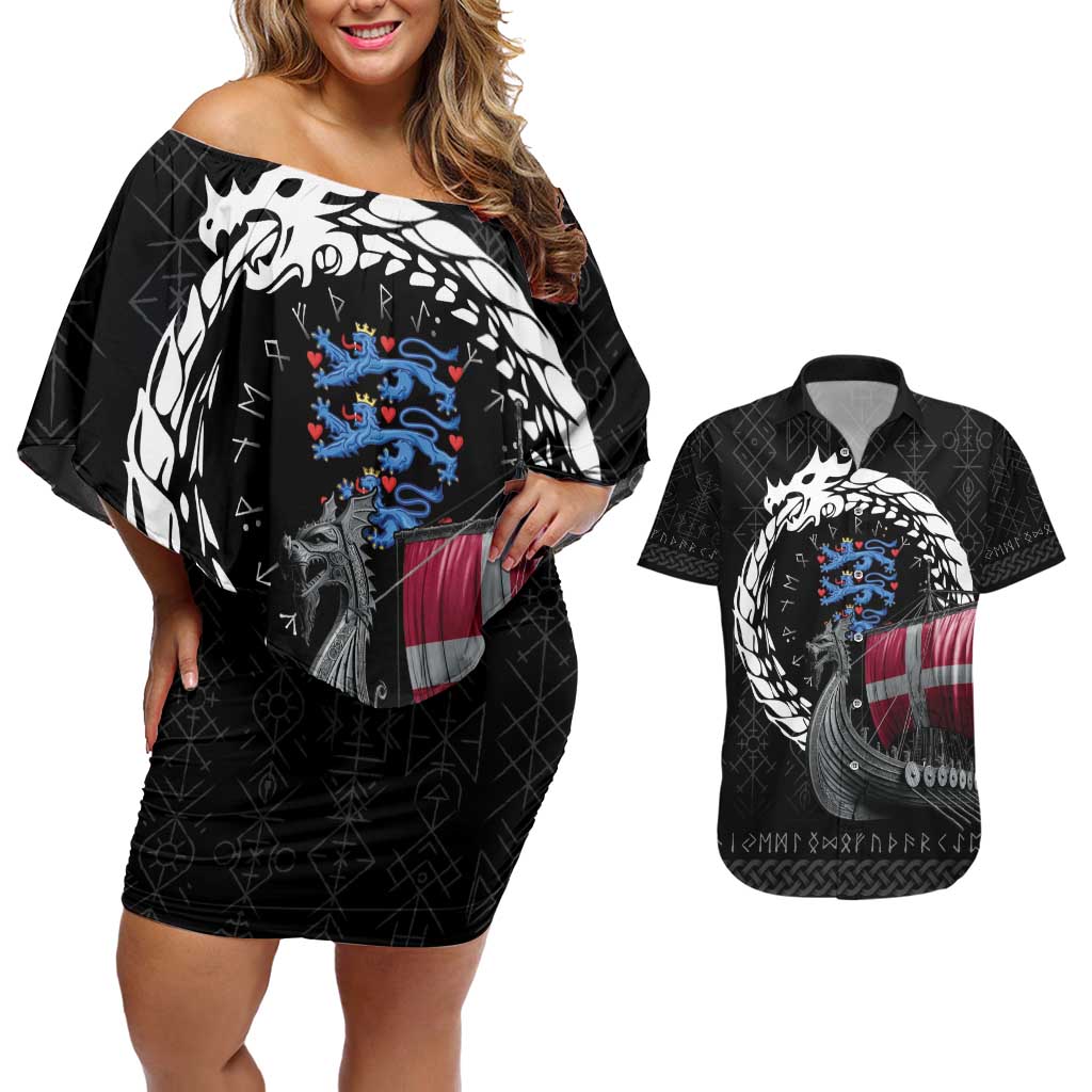 Denmark Viking Drakkar Couples Matching Off Shoulder Short Dress and Hawaiian Shirt Viking Blood - Wonder Print Shop