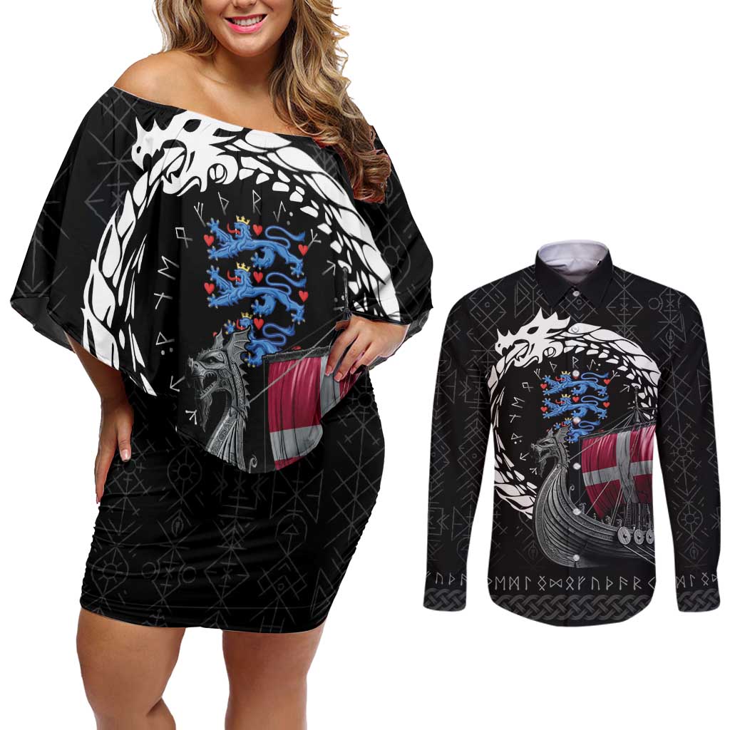 Denmark Viking Drakkar Couples Matching Off Shoulder Short Dress and Long Sleeve Button Shirt Viking Blood - Wonder Print Shop